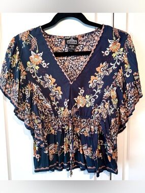 Angie Navy Floral V-Neck Peplum Blouse Size Small